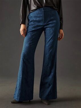 Anthropologie Damask Jacquard Flare Pants Navy Blue Size 2